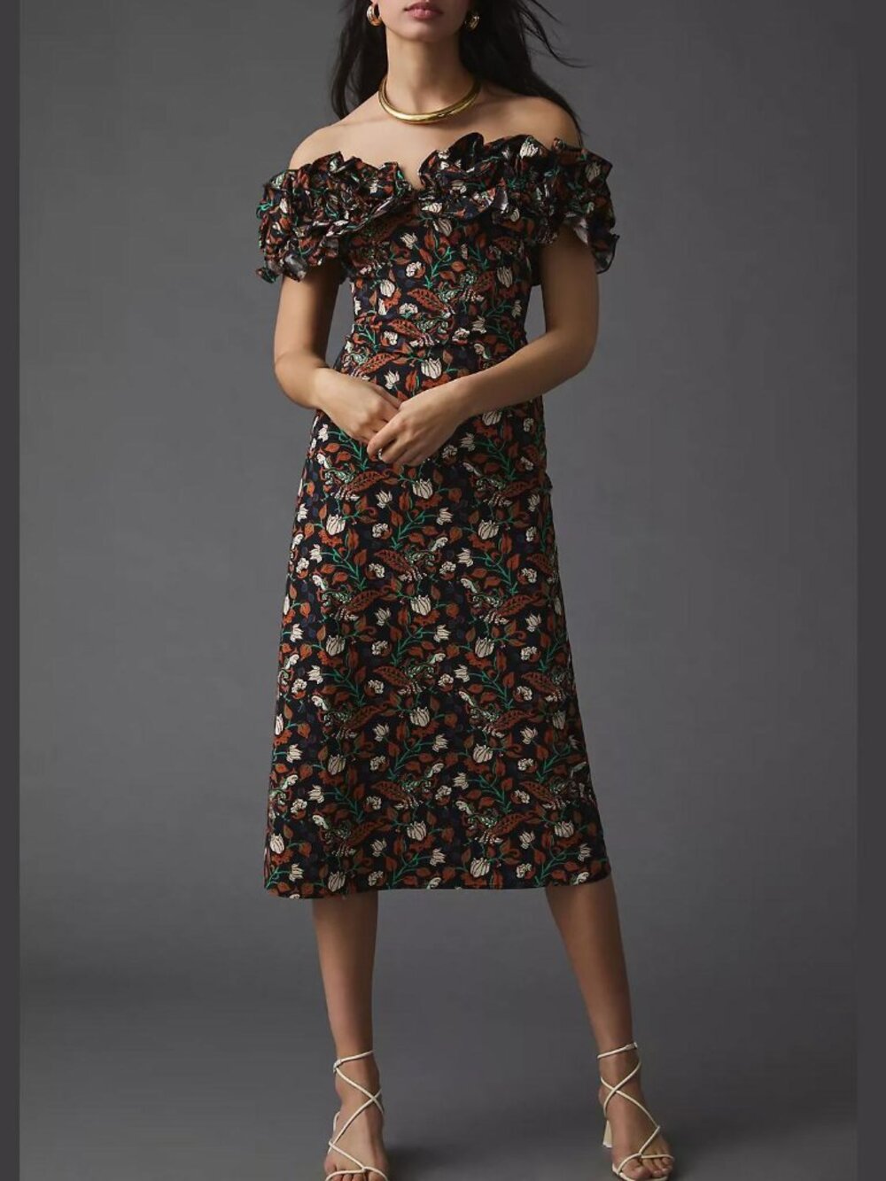 Anthropologie Let Me Be Floral Appliqué Dress ruffled off shoulder midi stretch